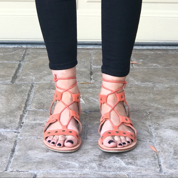 Orange Crush Leather Distressed Gladiator Sandals - Picture 2 of 7